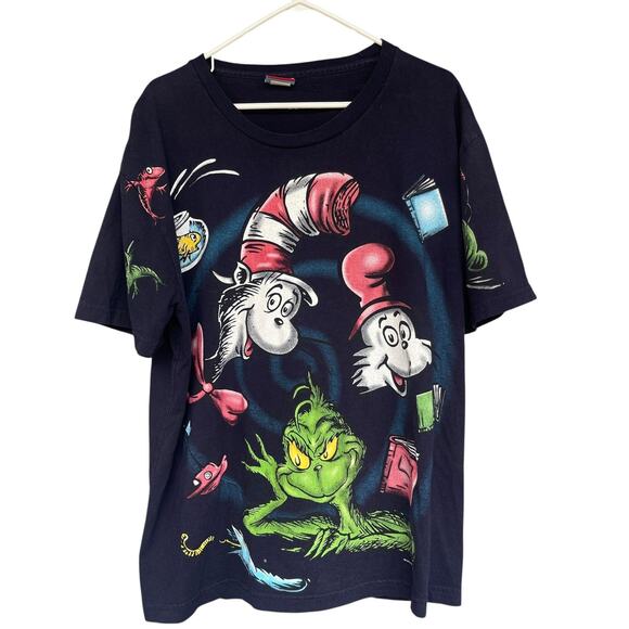 Vintage Dr. Seuss Shirt Womens 2X Navy Grinch Cat in the Hat Made USA 90s - Picture 1 of 8